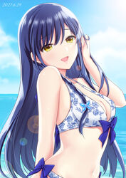  2021 akino_subaru bikini blue_bow blue_hair blue_sky bow bow_bikini braid breasts cleavage cloud commentary_request dated day female floral_print highres hoshi_ori_yume_mirai long_hair medium_breasts narusawa_rikka open_mouth outdoors side_braid sky solo swimsuit upper_body water yellow_eyes 