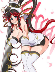  armpits black_hair blue_eyes breasts cleavage curvy detached_sleeves dress hair_ornament holding holding_sword holding_weapon huge_breasts leaning_forward long_hair looking_at_viewer multicolored_hair nanbu_kaguya ponpo ponytail red_hair smile source_request strapless strapless_dress super_robot_wars super_robot_wars_og_saga_mugen_no_frontier sword thick_thighs thighhighs thighs weapon 