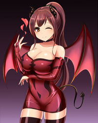  absurdres bare_shoulders black_thighhighs blush bodycon breasts bridal_gauntlets brown_eyes brown_hair choker cleavage closed_mouth collarbone demon_girl demon_horns demon_tail demon_wings dress elbow_gloves female fingerless_gloves gloves heart highres horns ibusuki large_breasts latex latex_dress latex_gloves latex_thighhighs long_hair looking_at_viewer nail_polish off-shoulder_dress off_shoulder one_eye_closed original ponytail red_dress red_gloves red_nails short_dress smile solo strapless strapless_dress tail thighhighs very_long_hair wings zettai_ryouiki 