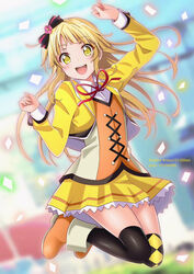  :d arms_up bang_dream! black_thighhighs blazer blonde_hair blurry blurry_background blush boots bow collared_shirt confetti cosplay cropped_jacket crossover female full_body hairbow hoshizora_rin hoshizora_rin_(cosplay) jacket jumping long_hair long_sleeves looking_at_viewer love_live! love_live!_school_idol_project midair neck_ribbon open_clothes open_jacket open_mouth orange_footwear outdoors over-kneehighs pixiv_id red_ribbon ribbon round_teeth shirt sidelocks skirt smile solo sunny_day_song teeth thighhighs tina_(pixiv37050289) tsurumaki_kokoro twitter_username vest white_shirt wing_collar yellow_eyes yellow_jacket yellow_skirt 