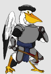  adventure anthro armor avian axe bird black_body black_feathers bottomwear brown_eyes clothing epipan fantasy feathers feet hat headgear headwear holding_object holding_weapon jewelry loincloth looking_down male melee_weapon membrane_(anatomy) necklace paladin pelecaniform pelican pelican_(character) semi-anthro shabnack_(artist) simple_background solo standing tail tail_feathers three-quarter_view toes weapon webbed_feet white_background white_body white_feathers wings 