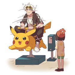  1boy arm_tattoo beanie black_hair black_jacket black_pants blush closed_mouth commentary eyewear_on_head female green_shorts guzma_(pokemon) hat hood hooded_jacket jacket kiddie_ride motion_lines musical_note pants pikachu pokemon pokemon_sm red_headwear riding selene_(pokemon) shirt shoes short_shorts short_sleeves shorts sitting smile ssalbulre standing sunglasses t-shirt tattoo themed_object white_footwear white_hair white_shirt yellow-framed_eyewear 