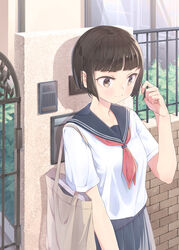  12_graka absurdres bag black_hair black_skirt blunt_bangs bookbag brown_eyes brown_hair commentary day female gate hand_up handbag highres intercom original outdoors playing_with_own_hair school_uniform serafuku shadow shirt short_hair short_sleeves skirt solo standing uniform white_shirt 