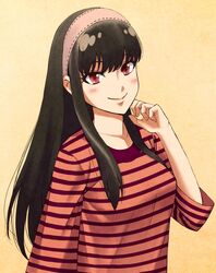  arm_at_side bad_id bad_pixiv_id black_hair blush breasts closed_mouth edaori female hairband hand_up large_breasts long_hair long_sleeves looking_at_viewer red_eyes shirt sidelocks smile solo spy_x_family striped_clothes striped_shirt t-shirt upper_body yellow_background yor_briar 