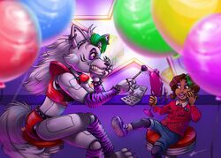  2023 animatronic anthro balloon belt boots bracelet canid canine canis cassie_(fnaf) clothed clothing collar digital_media_(artwork) duo ear_piercing ear_ring female five_nights_at_freddy&#039;s five_nights_at_freddy&#039;s:_security_breach five_nights_at_freddy&#039;s:_security_breach_ruin footwear hi_res human inflatable inkskxtch jewelry lipstick looking_at_another machine makeup mammal mirror piercing ring_piercing robot roxanne_wolf scottgames socks spiked_belt spiked_bracelet spiked_collar spikes steel_wool_studios wolf young young_female young_human 