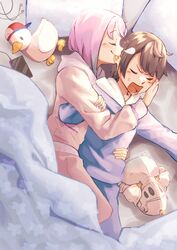  2girls absurdres bed biting blanket blue_pajamas brown_hair closed_eyes cosplay cuddling ear_biting earbuds earphones gradient_hair haruno_(user_ajkf5285) highres himemori_luna hololive luknight_(himemori_luna) lying multicolored_hair multiple_girls nose_bubble on_side oozora_subaru pajamas phone pillow pink_hair pink_pajamas purple_hair short_hair sleeping spooning stuffed_animal stuffed_toy subaru_duck swept_bangs virtual_youtuber yuri 