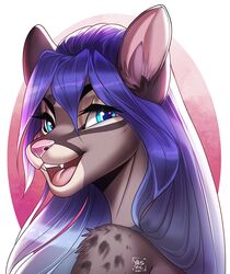  2020 anthro blue_eyes digital_media_(artwork) eyebrows eyelashes felid feline female fur grey_body grey_fur hair headshot_portrait mammal open_mouth pink_nose portrait purple_hair smile solo teeth tongue yasmil 