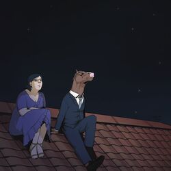  1:1 2020 anthro bojack_horseman bojack_horseman_(character) breasts cleavage clothed clothing diamond_(marking) diane_nguyen dress duo equid equine eyewear facial_markings fede_avila_corsini female footwear glasses grey_mane head_markings hi_res horse human jacket looking_up male mammal mane markings necktie netflix night rooftop sandals shirt shoes sitting star topwear 