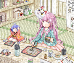  2girls :t ahoge blue_eyes blue_hair blue_shirt book bookshelf bowl box bubble_skirt burdock_root cardboard_box cat_mask chopsticks commentary_request cup eating flower food hands_on_own_head hata_no_kokoro holding holding_bowl holding_chopsticks indoors japanese_clothes kimono long_sleeves looking_to_the_side looking_up mask mask_on_head mini_person minigirl multiple_girls nekomata no_headwear noodles okonomiyaki pink_skirt plaid plaid_shirt plate purple_eyes purple_hair rubik&#039;s_cube seiza shirt short_hair sitting skirt soup soy_sauce stool sukuna_shinmyoumaru table tatami tengu_mask touhou toy udon ys_(ytoskyoku-57) yunomi 