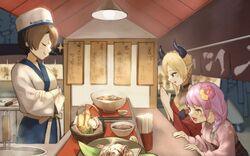  3girls absurdres alternate_costume blonde_hair bowl braid brown_hair chopsticks closed_eyes commentary_request crossed_arms demon_girl demon_horns food food_stand gradient_hair green_eyes hair_ornament hair_over_shoulder haruno_(user_ajkf5285) heterochromia highres himemori_luna himemori_luna_(new_year) hololive horns japanese_clothes kimono multicolored_hair multiple_girls noodles noren official_alternate_costume oozora_subaru palms_together pink_hair princess purple_eyes ramen short_hair side_braid sparkle sparkling_eyes swept_bangs tempura vending_cart virtual_youtuber yatai yukata yuzuki_choco yuzuki_choco_(new_year) 