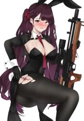  absurdres alternate_costume animal_ears between_breasts black_gloves black_leotard black_pantyhose blush breasts bullpup cleavage crying crying_with_eyes_open fake_animal_ears feet_out_of_frame female fte_(fifteen_199) girls&#039;_frontline gloves gun highres holding holding_gun holding_weapon injury leotard long_hair long_sleeves looking_at_viewer medium_breasts necktie necktie_between_breasts one_side_up open_mouth pantyhose playboy_bunny purple_hair rabbit_ears red_eyes red_necktie red_ribbon ribbon rifle scope sitting sniper_rifle solo tears torn_clothes torn_pantyhose wa2000_(girls&#039;_frontline) walther walther_wa_2000 weapon white_background 