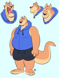  2022 3:4 anthro belly big_belly bottomwear brok_the_investigator brown_body clothing cowcat_games hi_res hoodie kangaroo macropod male mammal marsupial overweight overweight_male shorts simple_background sin_silver solo talegas topwear 