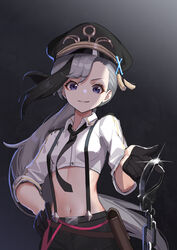  absurdres asymmetrical_bangs azur_lane belt_pouch black_background black_gloves black_hair black_hat black_necktie black_shorts blue_eyes breasts collared_shirt commentary crop_top cropped_shirt cuffs eir eyelashes female glint gloves grey_hair grin hand_on_own_hip handcuffs hat highres long_hair looking_at_viewer midriff military_hat minsk_(azur_lane) minsk_(thunderous_jailor)_(azur_lane) multicolored_hair navel necktie official_alternate_costume peaked_cap ponytail pouch shirt shorts simple_background small_breasts smile solo suspender_shorts suspenders two-tone_hair white_shirt wing_collar 