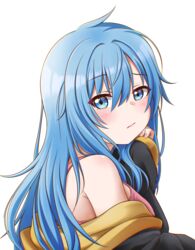  :/ absurdres blue_eyes blue_hair breasts commentary_request elie_wayne female from_side head_rest highres jacket jan_azure large_breasts long_hair looking_at_viewer off_shoulder original pink_tank_top solo tank_top upper_body 