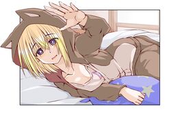  animal_ears animal_hood azur_lane baggy_clothes bataan_(azur_lane) bataan_(comfy_cotton_jammies)_(azur_lane) blonde_hair bodysuit brown_bodysuit brown_hoodie cat_hood cat_pajamas commentary_request fake_animal_ears female highres hood hooded_pajamas hoodie imagawa_akira looking_at_viewer official_alternate_costume pajamas purple_eyes smile solo 