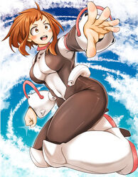  :d absurdres adahcm blue_sky blush_stickers bodysuit boku_no_hero_academia boots breasts brown_eyes brown_hair clenched_hand cloud female floating floating_hair full_body high_heel_boots high_heels highres large_breasts open_mouth outstretched_arm short_hair sidelocks sky smile solo sparkle_background superhero_costume thick_eyebrows thick_thighs thighs uraraka_ochako 