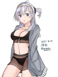  bikini bikini_skirt black_bikini bobokuboboku character_name commentary_request cowboy_shot dated female grey_eyes grey_hair grey_jacket hairband jacket kantai_collection long_hair one-hour_drawing_challenge one_side_up see-through see-through_skirt simple_background skirt solo suzutsuki_(kancolle) suzutsuki_(swimsuit_mode)_(kancolle) swimsuit twitter_username white_background white_hairband 