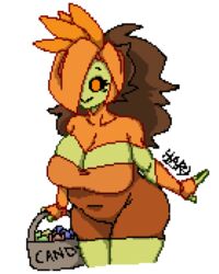  1girls 2020 :&gt; anthro anthrofied artist_signature basket bent_over big_breasts black_sclera bottomwear breasts brown_hair candy covered_navel cute female female_focus female_only floran frittata front_view green_body green_skin hips huge_breasts humanoid large_breasts little_hareboy long_hair looking_away multicolored_hair oc one_eye_covered orange_eyes orange_hair oval_(little_hareboy) pixel_art plant plant_girl plant_humanoid short_dress shortstack simple_background sleeves smile solo solo_female solo_focus starbound thick thick_thighs thighs topwear voluptuous white_background wide_hips 