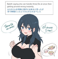  4girls blue_eyes blue_hair breasts byleth_(fire_emblem) byleth_(fire_emblem)_(female) cleavage cleavage_cutout edelgard_von_hresvelg edelgard_von_hresvelg_(hegemon_husk) embarrassed english_text female female_only fire_emblem fire_emblem:_three_houses large_breasts medium_hair multiple_girls multiple_persona nagasawa_(tthnhk) nintendo post-timeskip solo_focus speech_bubble teal_hair text white_background yuri 