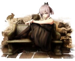  bare_shoulders bench blush closed_mouth collarbone crr001 dress expressionless female girls&#039;_frontline grey_eyes grey_hair hand_on_legs highres looking_at_viewer m200_(girls&#039;_frontline) m200_(war_correspondent)_(girls&#039;_frontline) official_alternate_costume pantyhose ponytail short_hair sitting solo transparent_background 