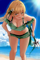  absurdres bare_shoulders beach bikini blonde_hair blue_sky breasts cleavage cloud commentary day feet_out_of_frame female fire_emblem fire_emblem:_three_houses fire_emblem_heroes flower green_bikini green_eyes green_ribbons green_shorts groin hair_flower hair_ornament hair_ribbon highres holding holding_polearm holding_weapon ingrid_brandl_galatea ingrid_brandl_galatea_(summer) leaning_forward long_hair looking_at_viewer medium_breasts navel ocean off-shoulder_bikini off_shoulder official_alternate_costume open_mouth polearm ribbon sail_(sail-away) short_shorts short_sleeves shorts sky solo standing stomach swimsuit thighs trident water weapon white_flower 