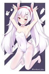  animal_ears armpits arms_up azur_lane bare_arms blush bow bowtie breasts commentary covered_navel detached_collar fake_animal_ears female full_body hair_ornament hairband highres irokari kneeling laffey_(azur_lane) leotard long_hair looking_at_viewer no_shoes pantyhose parted_lips playboy_bunny rabbit_ears rabbit_hair_ornament rabbit_pose red_eyes red_hairband small_breasts solo strapless strapless_leotard twintails very_long_hair white_bow white_bowtie white_hair white_leotard white_pantyhose 