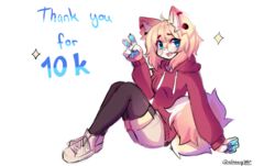  anakoluth animal_ears arm_support aska_(anakoluth) black_thighhighs blonde_hair blue_eyes blush closed_mouth dog_ears dog_girl dog_tail female full_body furry furry_female garter_straps highres hood hoodie long_sleeves looking_at_viewer milestone_celebration open_mouth original red_hoodie shoes short_hair smile sneakers solo tail thighhighs v white_footwear 