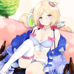  aki_rosenthal aki_rosenthal_(sleepwear) bare_shoulders beer_bottle blonde_hair blue_bra blue_shorts blush bob_cut bottle bra breasts cleavage closed_mouth collarbone commentary couch detached_hair drunk female hair_ornament headgear highres hololive indoors long_hair low_twintails medium_breasts navel nejime official_alternate_costume parted_bangs purple_eyes see-through short_hair shorts smile solo thighhighs twintails underwear virtual_youtuber white_thighhighs 