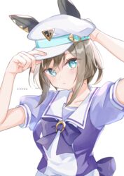  adjusting_clothes adjusting_headwear animal_ears arm_up blurry breasts brown_hair cheval_grand_(umamusume) closed_mouth commentary_request depth_of_field female green_eyes hand_up hat hat_belt highres horse_ears horse_girl looking_at_viewer medium_breasts moko_(mokochisa) puffy_short_sleeves puffy_sleeves purple_shirt school_uniform shirt short_sleeves simple_background solo tracen_school_uniform umamusume upper_body white_background white_hat 