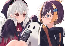  2girls animal_hood bad_id bad_twitter_id bags_under_eyes black_dress black_headwear black_hoodie blue_eyes blush brown_hair dress ghost grey_hair hair_behind_ear hood hoodie multicolored_hair multiple_girls nijisanji nijisanji_en orange_hair penguin_hood petra_gurin petra_gurin_(1st_costume) poppi_(reimu_endou) pout purple_eyes reimu_endou reimu_endou_(1st_costume) sleeves_past_fingers sleeves_past_wrists streaked_hair suzuno_(en_10ten) two-tone_hoodie v-shaped_eyebrows virtual_youtuber white_background white_hoodie 