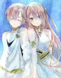  1boy adele_(fate) armlet asa_(1asa-0-asa1) bad_id bad_pixiv_id bare_shoulders blush breasts brother_and_sister brown_hair closed_eyes dress fate/grand_order fate_(series) female green_eyes highres jewelry long_hair looking_at_viewer makarios_(fate) medium_breasts neck_ring short_hair siblings smile toga white_dress 