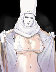  aumann bikini blue_archive breasts female hat jewelry large_breasts mitre nameless_priest_(blue_archive) navel necklace robe sideboob solo stomach swimsuit underboob upper_body white_bikini white_hat white_mask white_robe 