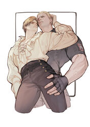  2boys absurdres bara belt black_belt black_gloves black_pants black_shirt blonde_hair brown_hair closed_mouth couple fingerless_gloves frilled_shirt frills gloves grey_pants highres jack_krauser leon_s._kennedy looking_at_another male_focus multiple_boys muscular muscular_male official_alternate_costume pants renaissance_clothes resident_evil resident_evil_4 resident_evil_4_(remake) scar scar_across_eye scar_on_face scar_on_mouth shirt short_hair vetania white_shirt yaoi 