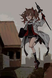  absurdres angelina_(arknights) animal_ears arknights bag black_footwear black_gloves black_shirt black_shorts black_socks brown_eyes brown_hair building chinese_commentary cloud coat commentary female floating fox_ears full_body gloves grey_sky hairband highres holding holding_staff infection_monitor_(arknights) kineta long_hair long_sleeves looking_at_viewer midair open_clothes open_coat open_mouth outdoors red_hairband shirt shoes short_shorts shorts shoulder_bag sky smile sneakers socks solo staff twintails white_coat 