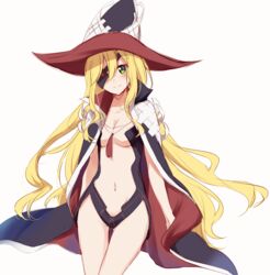  black_cape blonde_hair blush breasts cape cleavage collarbone commentary_request eyepatch female green_eyes hair_between_eyes hat head_tilt highres long_hair looking_at_viewer medium_breasts navel nemu_mohu othinus red_cape smile solo thigh_gap toaru_majutsu_no_index toaru_majutsu_no_index:_new_testament two-tone_cape very_long_hair witch_hat 