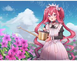  ahoge bird black_choker blue_sky choker cloud cowboy_shot day evil_eye_(sound_voltex) female flower fountain frills goma_(u_p) grace_(sound_voltex) hairband holding holding_watering_can juliet_sleeves lolita_fashion lolita_hairband long_hair long_sleeves looking_at_viewer maid oerba_yun_fang open_mouth outdoors pink_eyes pink_hair plant puffy_sleeves sky solo sound_voltex standing twintails very_long_hair watering_can 