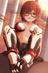  ako_suke android black-framed_eyewear blurry blurry_background blush breasts breasts_apart brown_hair ceiling collarbone column female full_body glasses hair_between_eyes highres hololive joints looking_at_viewer mechanical_arms mechanical_legs midriff navel nude open_mouth orange_sky outdoors pillar roboco-san robot_joints short_hair single_mechanical_arm sky smile solo teeth upper_teeth_only virtual_youtuber yellow_eyes 