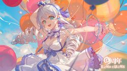  :d arm_up balloon bare_shoulders benghuai_xueyuan blue_eyes blue_flower blue_hairband blue_sky breasts ciloranko cleavage cloud commentary_request day dress drill_hair eyebrows_hidden_by_hair female flower frilled_dress frills grey_hair hair_between_eyes hairband highres holding holding_balloon honkai_(series) kiana_kaslana korean_commentary long_hair looking_at_viewer medium_breasts official_art outdoors sky sleeveless sleeveless_dress smile solo teeth third-party_source twin_drills upper_teeth_only very_long_hair white_dress white_flower wrist_cuffs 