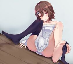  :o ass barefoot between_toes black_thighhighs blush brown_hair collarbone dutch_angle feet female flat_chest foot_focus hair_between_eyes hair_ornament head_tilt highres iberiko_(soinesitai) jitome knees_up legs no_shoes off-shoulder_sweater off_shoulder original red_eyes short_hair single_thighhigh sitting soles solo star_(symbol) star_hair_ornament sweater thighhigh_removed thighhighs toes wall white_sweater wooden_floor 