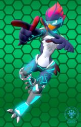  3d_(artwork) anthro armor avian bird chest_tuft chromakoros clothed clothing digital_media_(artwork) feathers feet female gesture glowing hand_gesture hi_res igniz_(zekaire) pointing purple_body purple_feathers red_body red_feathers simple_background solo talons toes tuft visor 