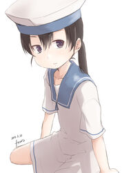  absurdres black_hair blue_collar collar dated dress female fyuo hat highres kantai_collection one-hour_drawing_challenge purple_eyes sailor_dress sailor_hat short_hair short_sleeves shounan_(kancolle) signature simple_background solo twintails white_background white_dress white_hat white_legwear 