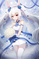  azur_lane bad_id bad_pixiv_id blue_flower bouquet breasts bride dress female flower hair_ornament holding holding_bouquet laffey_(azur_lane) laffey_(white_rabbit&#039;s_oath)_(azur_lane) long_hair looking_at_viewer official_alternate_costume pantyhose rabbit_hair_ornament red_eyes short_dress sleeveless sleeveless_dress small_breasts solo twintails very_long_hair wedding_dress white_dress white_flower white_pantyhose youtiao_zongzi 