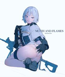  arm_up armored_boots belt bipod blood bob_cut boots breasts commentary_request elbow_gloves english_text female full_body girls&#039;_frontline gloves grey_gloves gun gun_sling highres jacket kneeling lace-trimmed_panties lace_trim light_machine_gun looking_at_viewer machine_gun medium_breasts no_pants nosebleed open_clothes open_jacket panties pantyshot parted_lips pouch purple_eyes rpk-16 rpk-16_(girls&#039;_frontline) sakura_(1723231388) scope scratches shoe_soles short_hair simple_background smile solo strap thigh_strap underwear weapon white_background white_hair white_jacket white_panties wide_sleeves wire 