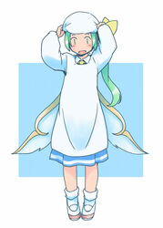  :d adjusting_clothes adjusting_headwear ankle_socks apron arms_up blue_background blush border bow commentary_request contemporary daiyousei fairy fairy_wings female full_body green_eyes green_hair hairbow hand_on_headwear head_scarf kappougi long_hair long_sleeves looking_at_viewer low_wings necktie no_nose open_mouth outside_border puffy_long_sleeves puffy_sleeves rangycrow shoes side_ponytail simple_background smile socks solo standing straight-on tenugui touhou transparent_wings uwabaki white_apron white_border white_footwear white_headwear white_socks wing_collar wings yellow_bow yellow_necktie |_| 