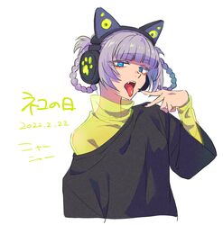  animal_ears black_shirt blue_eyes blue_nails cat_day cat_ears eyelashes fang_out female hair_rings hand_up headphones highres nanakusa_nazuna_(yofukashi_no_uta) oerba_yun_fang sagawa_haruka see-through shirt sweater tongue tongue_out turtleneck upper_body v yellow_sweater yofukashi_no_uta 