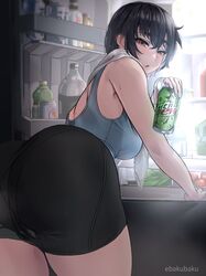  absurdres ass bare_shoulders bike_shorts blue_tank_top can drink_can ebakubaku female hair_between_eyes hanamonogatari highres huge_ass kanbaru_suruga looking_at_viewer looking_back monogatari_(series) mountain_dew orange_eyes purple_hair refrigerator refrigerator_interior short_hair sleeveless soda soda_can tank_top 