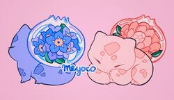  alternate_color artist_name bad_id bad_twitter_id blue_flower bulbasaur closed_eyes commentary english_commentary flower forget-me-not_(flower) leaf meyoco no_humans peony_(flower) pink_background pink_flower pokemon pokemon_(creature) simple_background 