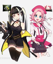  2girls absurdres artist_name axolotl axolotl_girl bag black_hair black_necktie blue_eyes blush breasts butterflyfish ciosuii cleavage creature_and_personification fish grin gun handbag highres holding holding_gun holding_weapon large_breasts long_hair looking_at_viewer multicolored_hair multiple_girls necktie original parted_lips personification pink_hair red_eyes short_hair smile teeth tropical_fish twintails weapon white_hair 