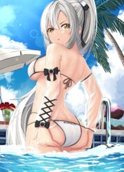  ass azur_lane bare_shoulders bikini breasts cloud day detached_sleeves drake_(azur_lane) drake_(the_golden_hind&#039;s_respite)_(azur_lane) female from_behind grey_hair halterneck hands_on_own_ass highres large_breasts lens_flare levy_(comradlevy) long_hair long_sleeves looking_at_viewer looking_back multi-strapped_bikini official_alternate_costume outdoors palm_tree parted_lips ponytail pool see-through sky solo standing string_bikini sunlight swimsuit tree v-shaped_eyebrows very_long_hair wading water wet white_bikini yellow_eyes 