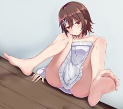  :o ass barefoot blush brown_hair collarbone dutch_angle feet female flat_chest foot_focus hair_between_eyes hair_ornament head_tilt highres iberiko_(soinesitai) jitome knees_up legs off-shoulder_sweater off_shoulder original red_eyes short_hair sitting soles solo star_(symbol) star_hair_ornament sweater toes wall white_sweater wooden_floor 